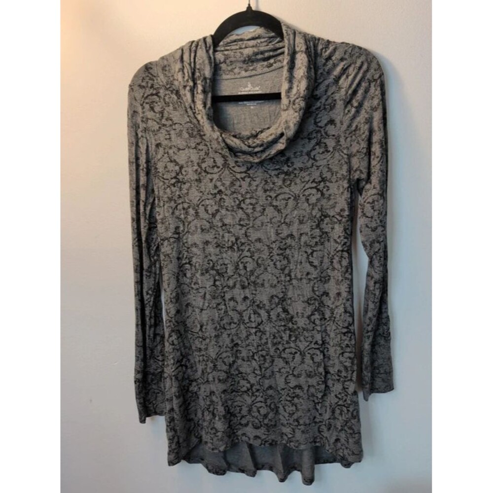 Cuddl Duds Softwear with Stretch Cowl Neck Tunic Top Gray Black Damask Print M